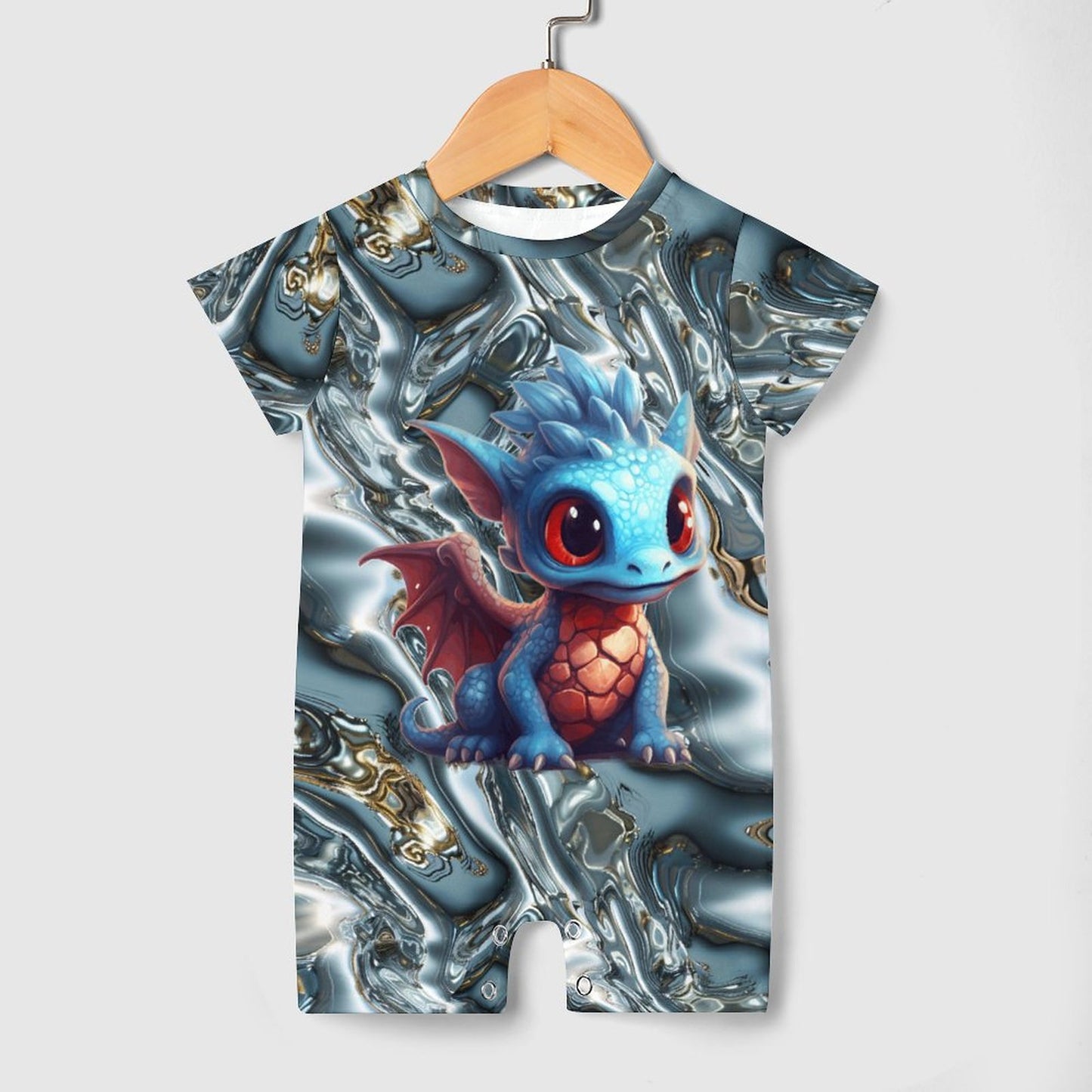 Baby Dragon on Silver Waves, Faux Cotton Short Sleeve Baby Bodysuit Romper