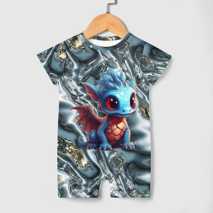 Baby Dragon on Silver Waves, Faux Cotton Short Sleeve Baby Bodysuit Romper