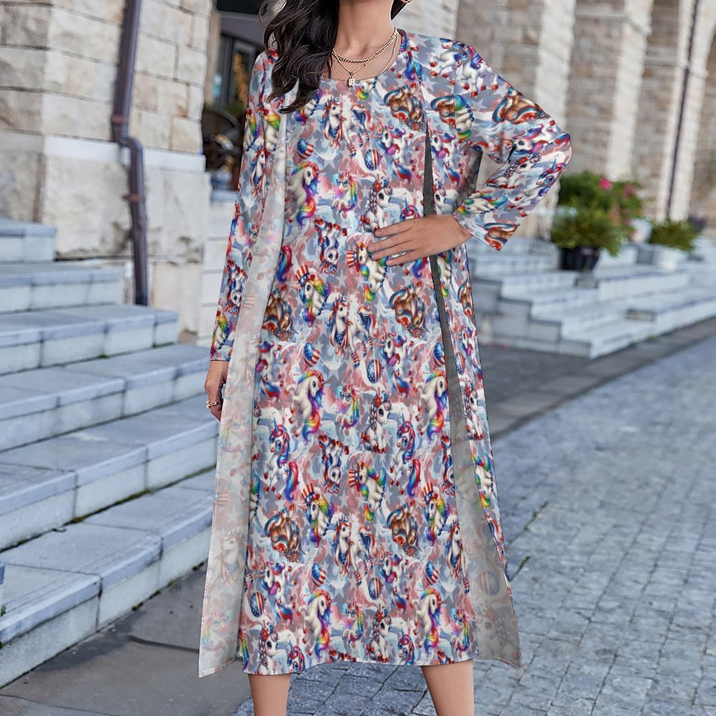 8 Patriot Designs (animals) Women’s Long Dress with Cardigan