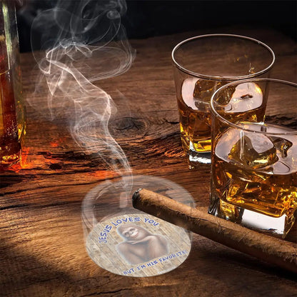 3 .3" Round, Lead Free Glass Ashtray - Bigfoot, Sasquatch, "Jesus loves you..."