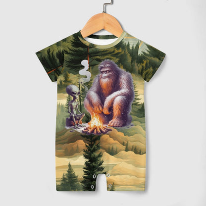Bigfoot / Sasquatch & Alien, Faux Cotton Short Sleeve Baby Bodysuit Romper