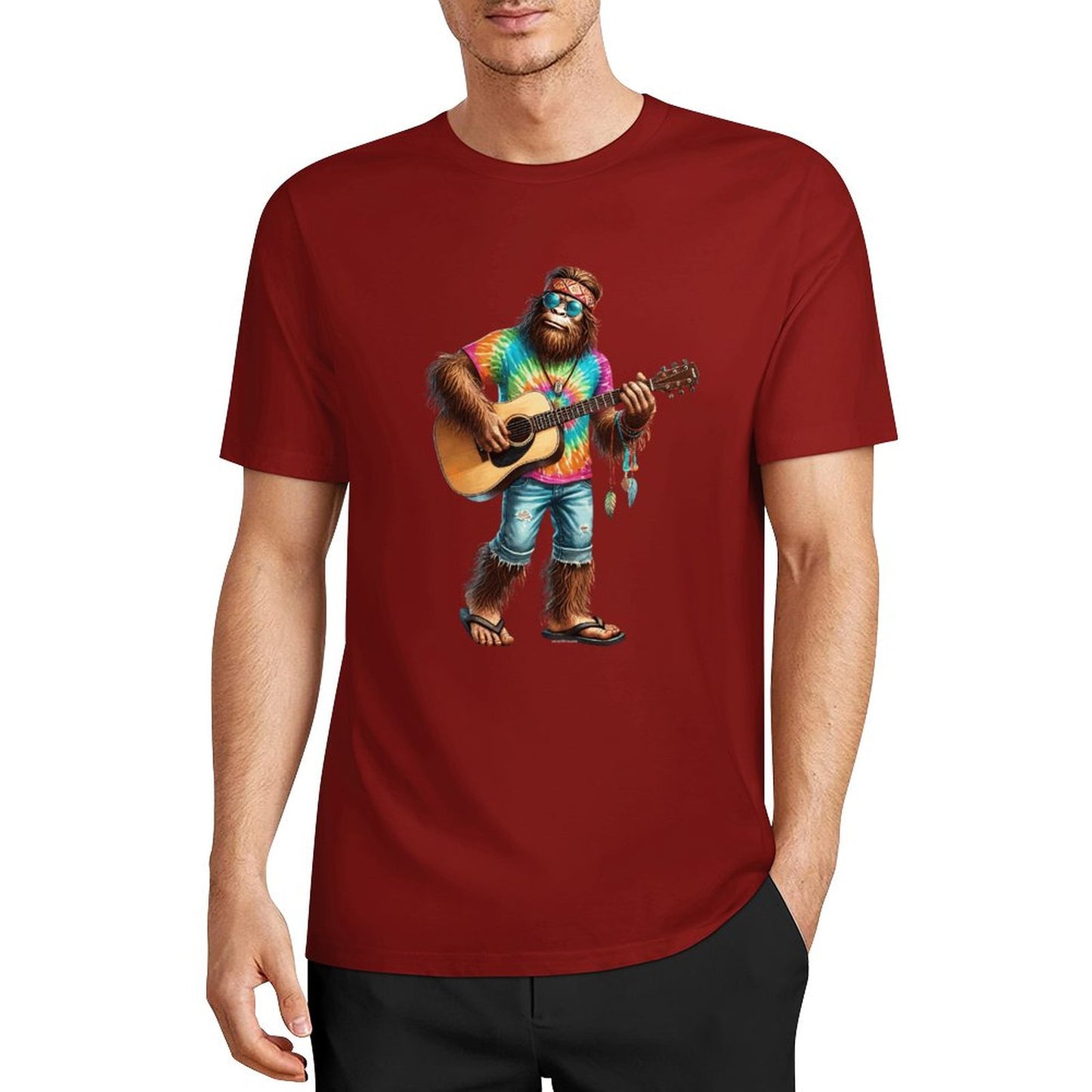 Bigfoot - Sasquatch Hippie Play Guitar Short Sleeve Cotton T-Shirt