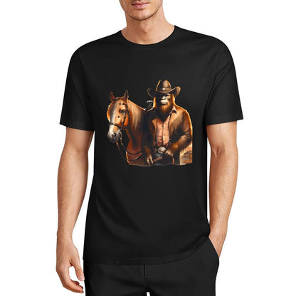 Bigfoot - Sasquatch Cowboy w Horse Short Sleeve Cotton T-Shirt