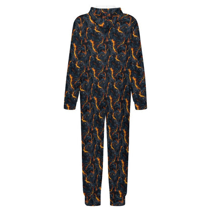 Dragon on Lava, Youth Flannel Footless Zip up Pajama Jumpsuit