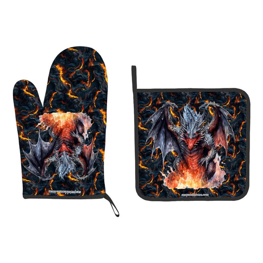 Set of 2 Oven Mitt and Pot Holder - Dragon On Lava