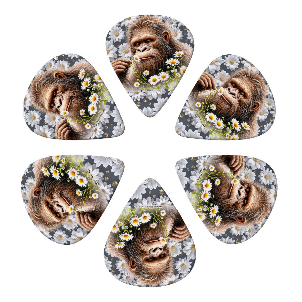 6 Guitar Picks with Keychain Snap Pick Wallet- Daisies Bigfoot Sasquatch  – 3 Thicknesses