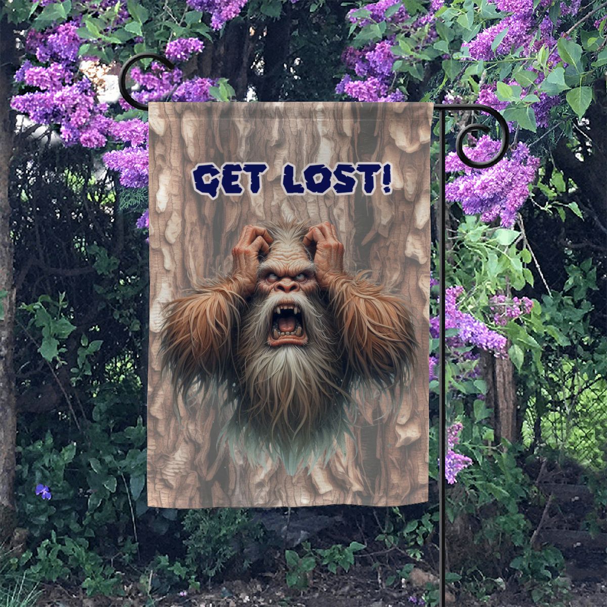 Bigfoot, Sasquatch, "Come on in", "Get Lost", Garden Flag 12"x18" (Made in USA)