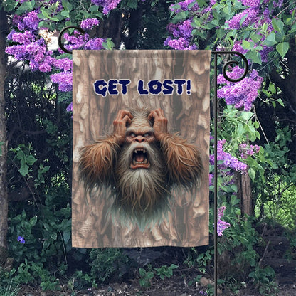 Bigfoot, Sasquatch, "Come on in", "Get Lost", Garden Flag 12"x18" (Made in USA)