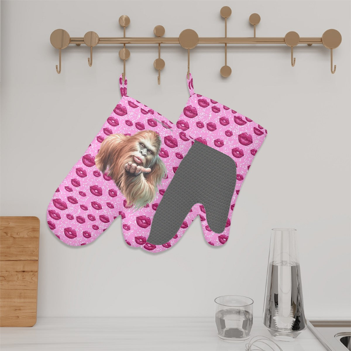 Set of 2 Silicone Heat Resistant Oven Mitts - Bigfoot, Sasquatch Blow Kiss