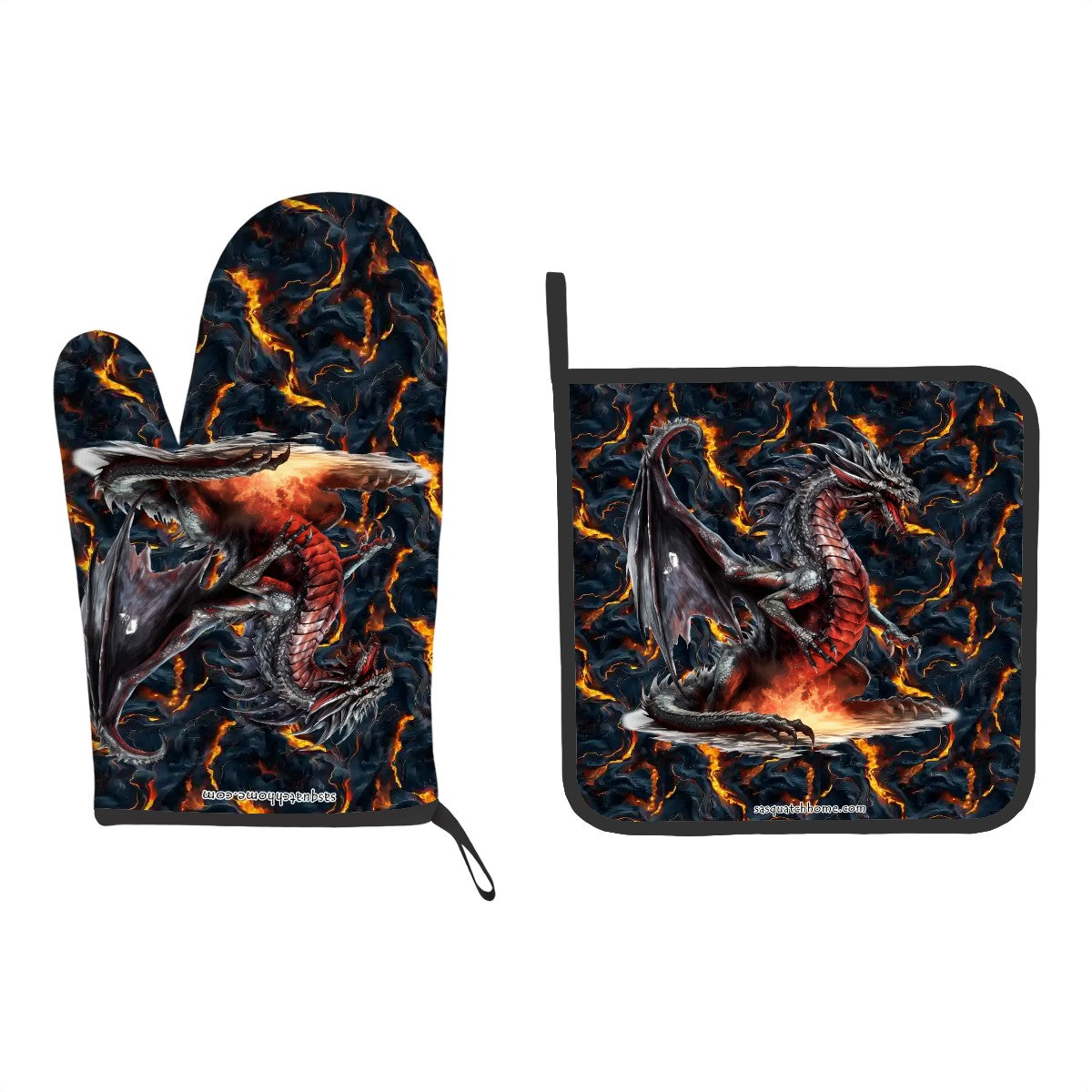 Set of 2 Oven Mitt and Pot Holder - Dragon & Lava