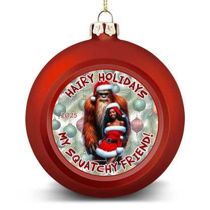 Sasquatch Santa & Sexy Gal Christmas Ball Ornaments
