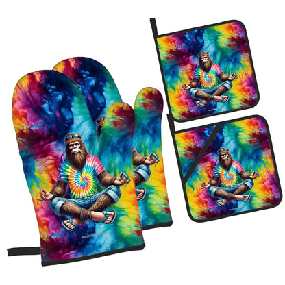 Hippie Bigfoot / Sasquatch, Zen, 4 Piece Oven Mitts / Pot Holder Sets