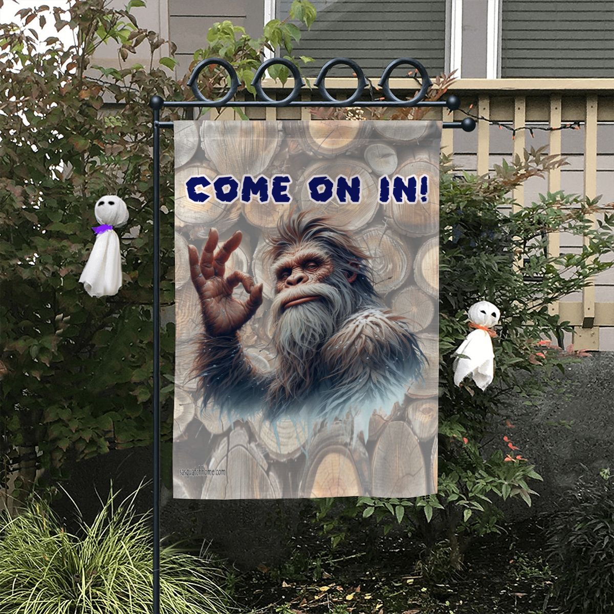 Bigfoot, Sasquatch, "Come on in", "Get Lost", Garden Flag 12"x18" (Made in USA)