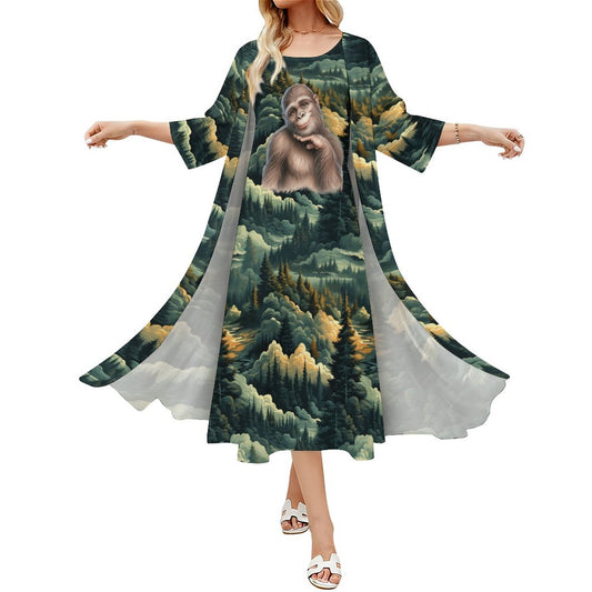Gal Sasquatch in Woods, Women’s Long Dress with Cardigan