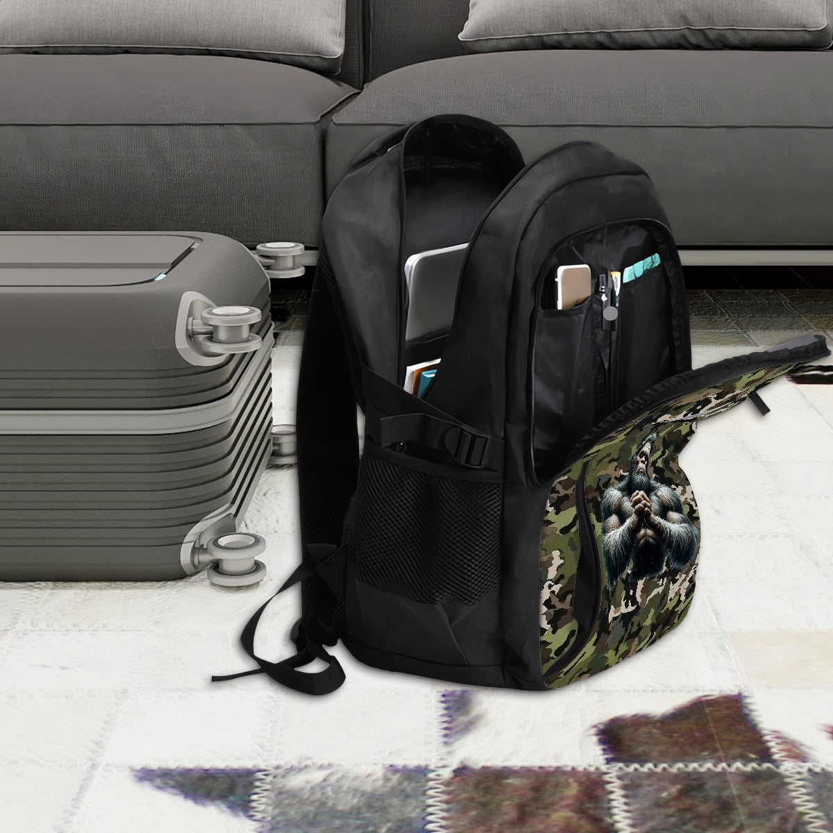 Bigfoot / Sasquatch on Camo, Large Capacity, Oxford Travel, Laptop Bag with USB Charger