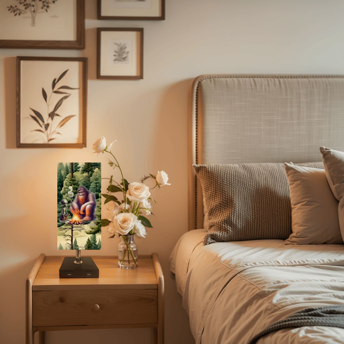 Bigfoot / Sasquatch & Alien, Square Table Lamp with USB Ports, Charger