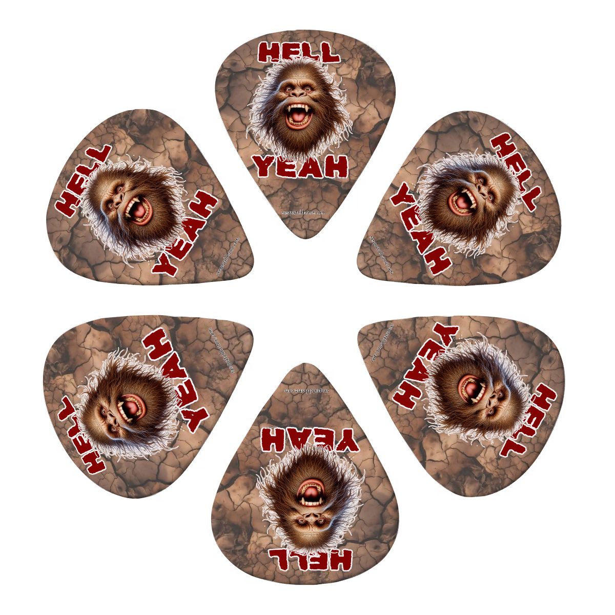 6 Guitar Picks with Keychain Snap Pick Wallet- Bigfoot Sasquatch "Hell Yeah"  – 3 Thicknesses