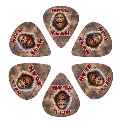 6 Guitar Picks with Keychain Snap Pick Wallet- Bigfoot Sasquatch "Hell Yeah"  – 3 Thicknesses