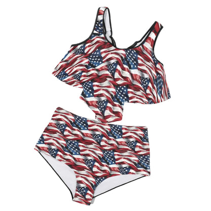 American Flag, Plus Size Women Bikini Flowy Ruffle Top