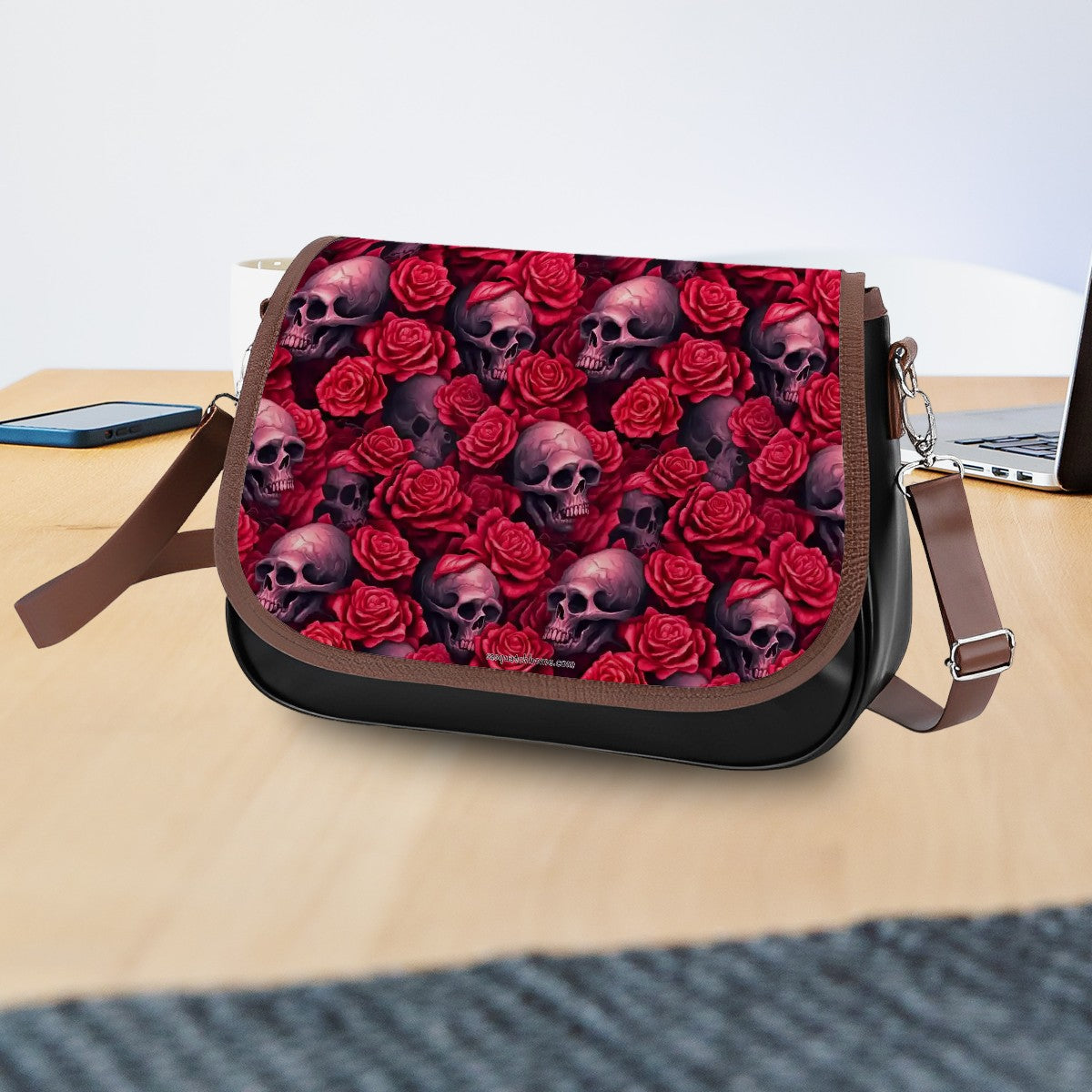 Skulls & Roses, Leather Shoulder Bag / Purse