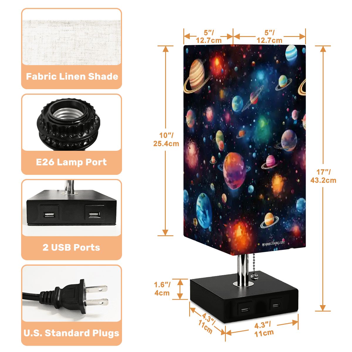 12 Galaxy / Outer Space, Square Table Lamp with USB Ports, Charger