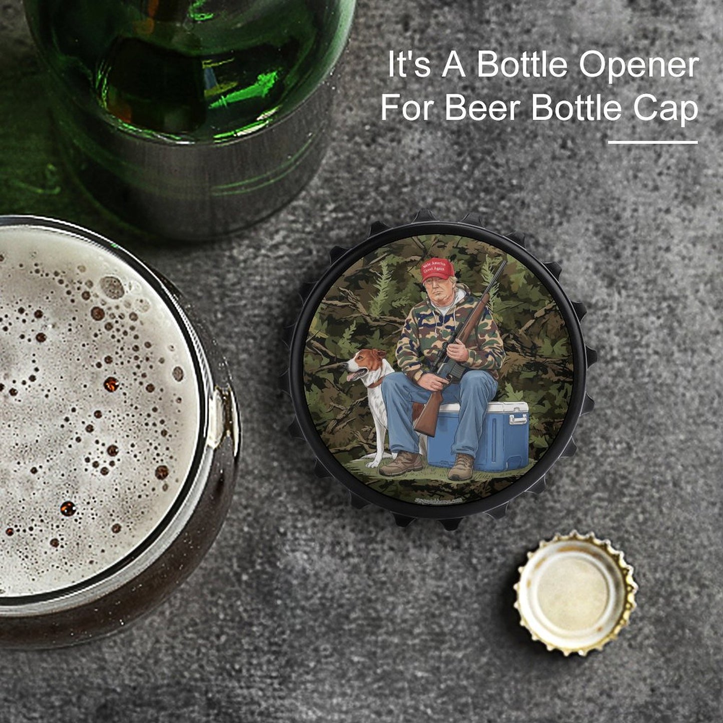 Donald Trump Hunting, 3” Magnetic Can Opener / Coaster / Fridge Decor