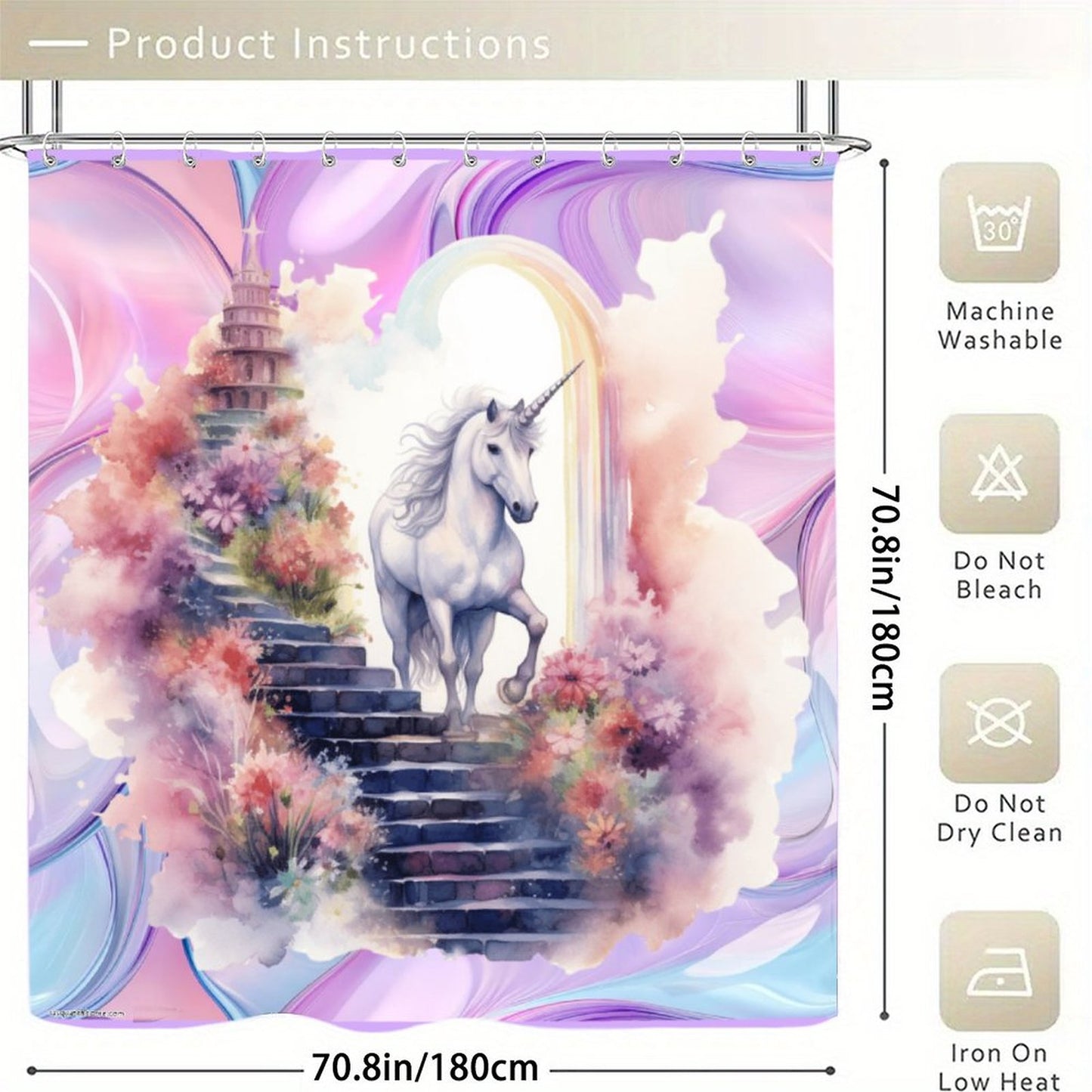 Unicorn Fantasy, Waterproof Polyester Shower Curtain – Made in the USA – 70.8x70.8”