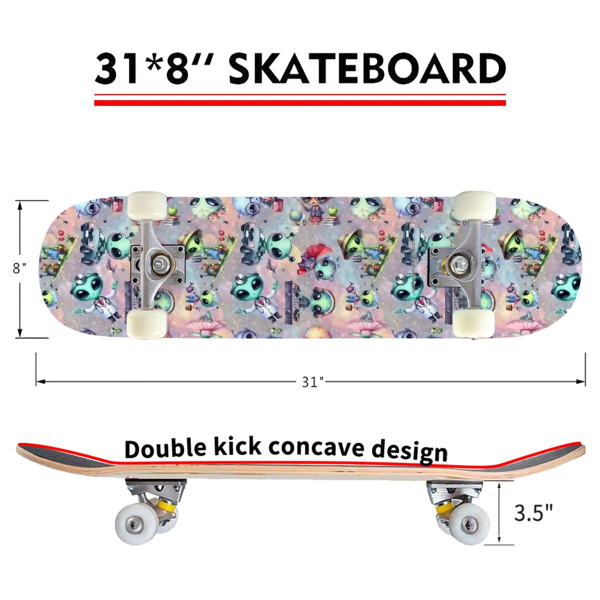 6 Alien Designs, High Density 7 Layer Skateboard, Made In USA