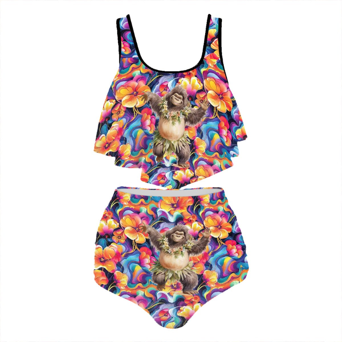 Hawian Bigfoot / Sasquatch, Plus Size Women Bikini Flowy, Ruffle Top Swimsuit