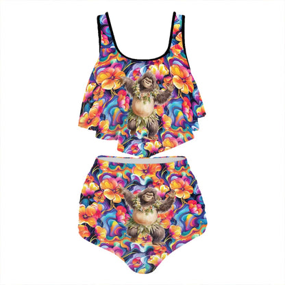 Hawian Bigfoot / Sasquatch, Plus Size Women Bikini Flowy, Ruffle Top Swimsuit