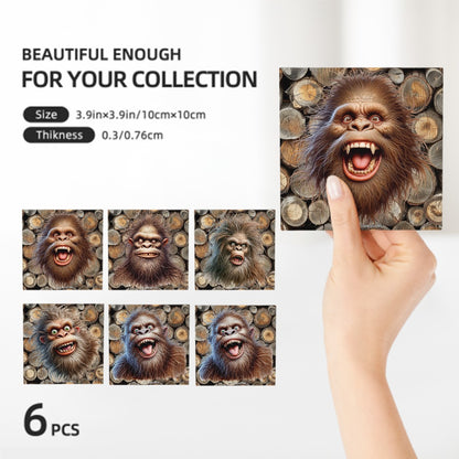 Bigfoot / Sasquatch Faces, 6 Ceramic Coasters w metal stand