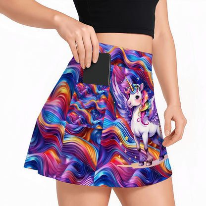 Unicorn & Rainbows, Women’s Milk Silk Sports Skorts with Pockets