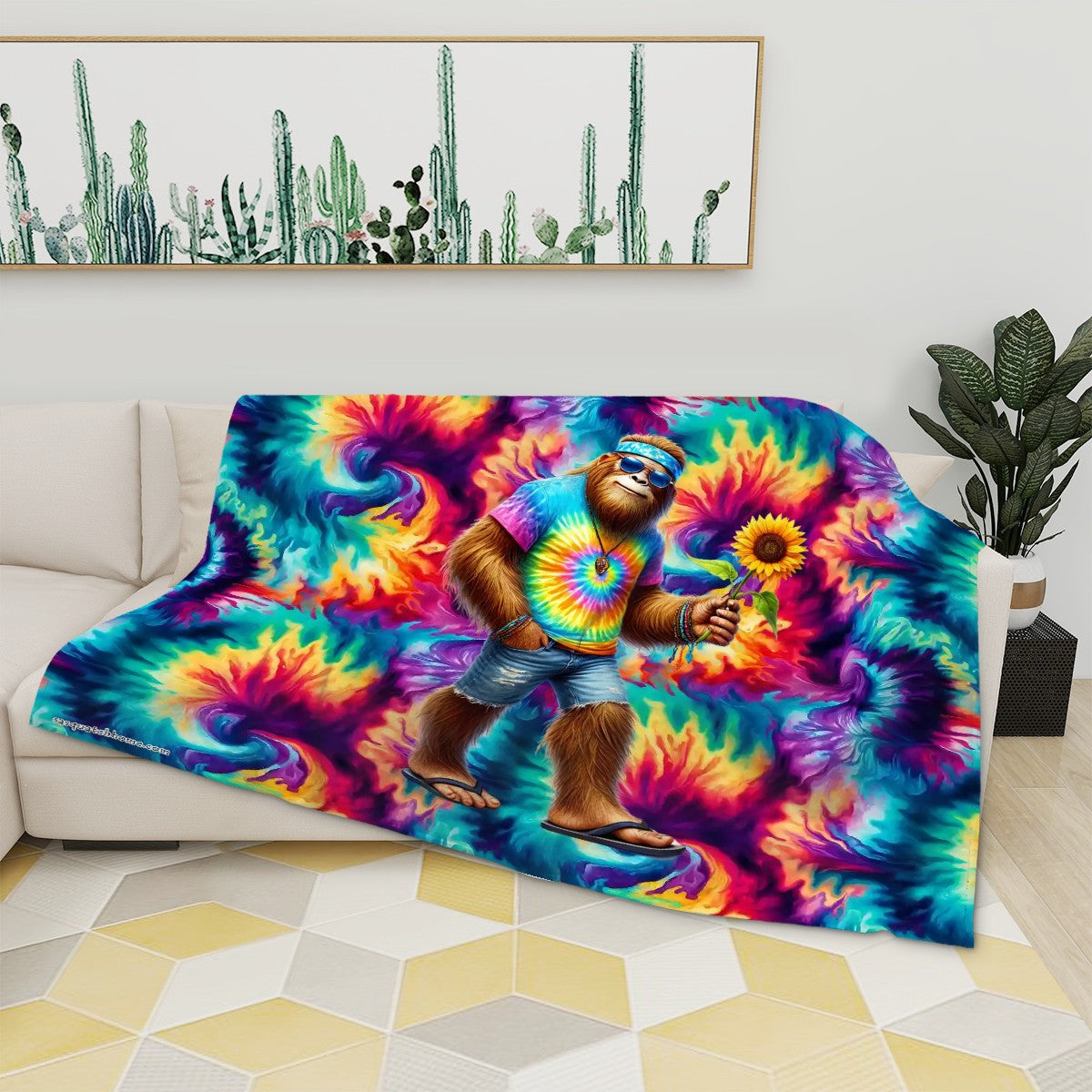 Hippie Bigfoot / Sasquatch on Tie Dye, Soft Flannel Blanket