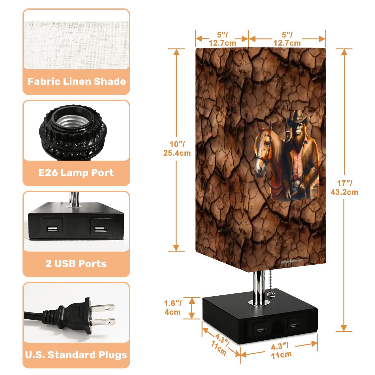 Bigfoot / Sasquatch Cowboy, Square Table Lamp with USB Ports, Charger