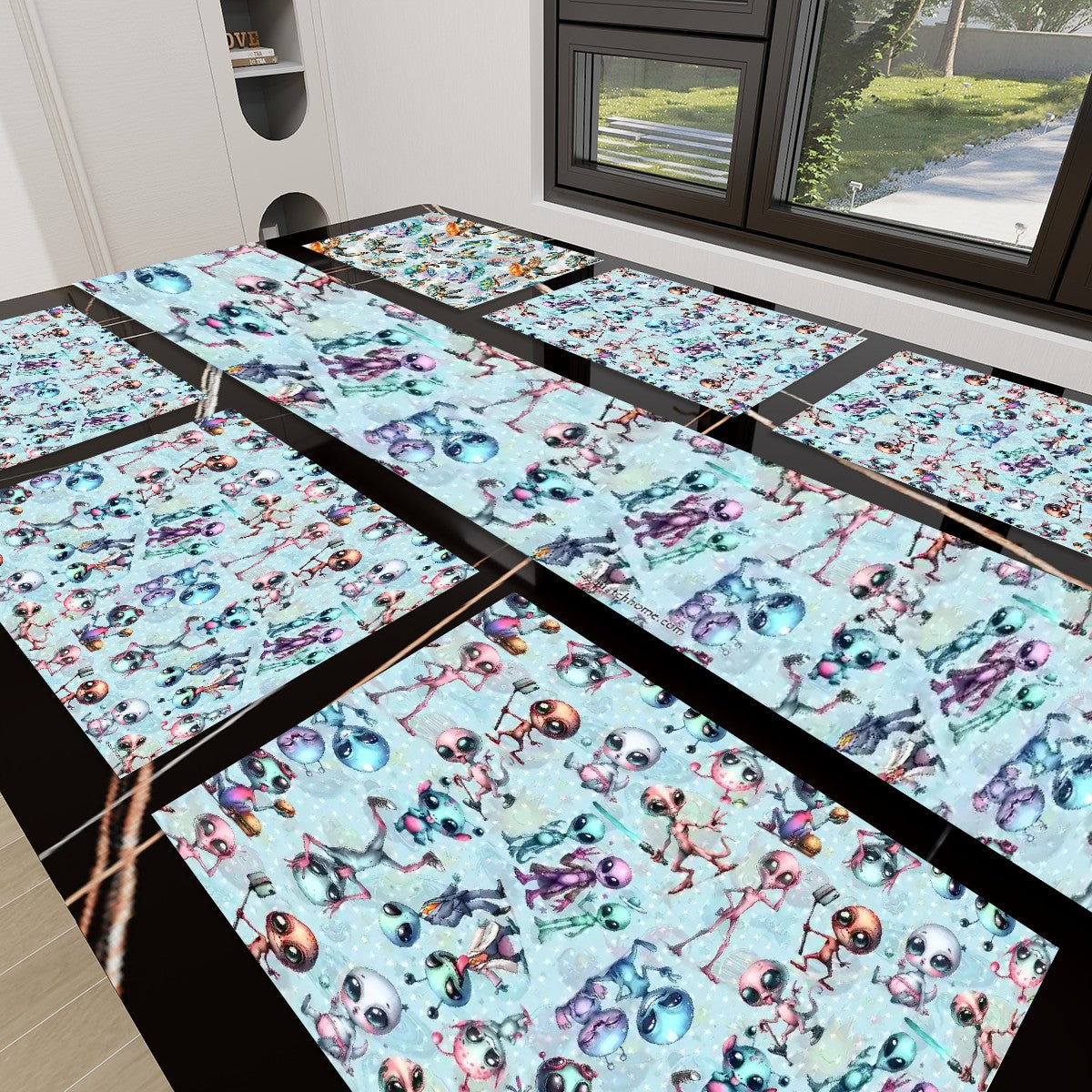 6 Alien Designs, Table Runner Placemat Set 7 Pieces