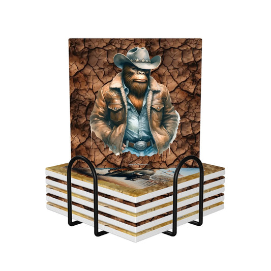 Cowboy Bigfoot / Sasquatch, 6 Ceramic Coasters w metal stand