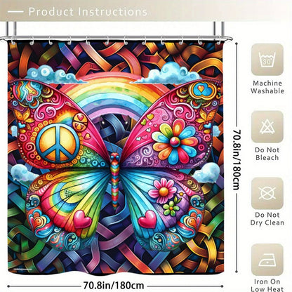Colorful Hippie Butterfly, Waterproof Polyester Shower Curtain – Made in the USA – 70.8x70.8”