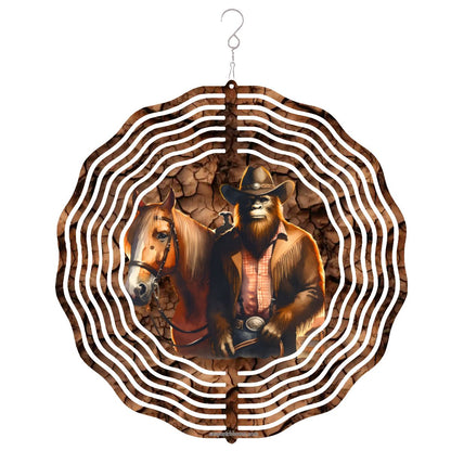 Bigfoot Sasquatch Cowboy, US Made Hanging Metal 3D Wind Spinner, Ornament