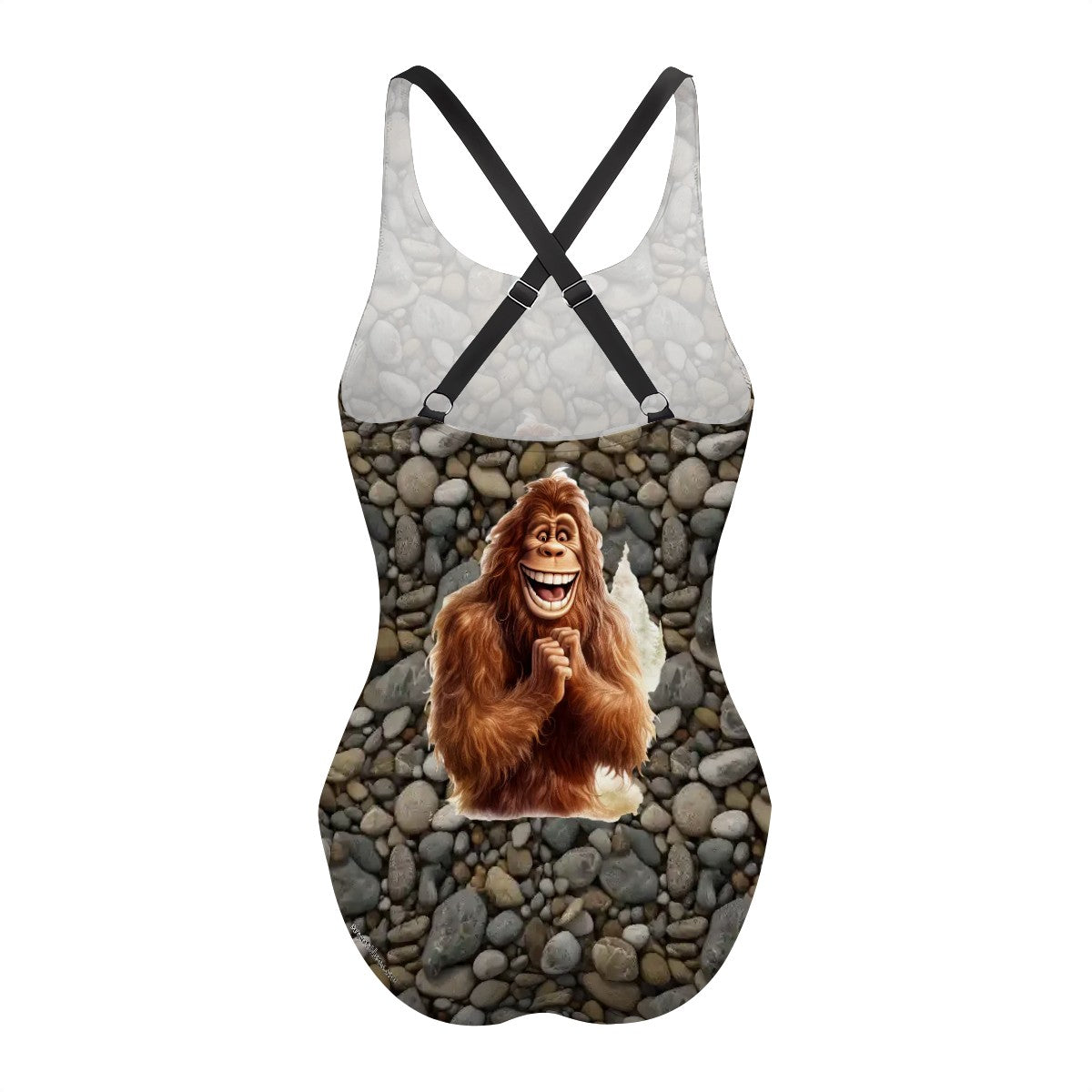 Happy Bigfoot, Sasquatch, Cross-Back One Piece Swimsuit