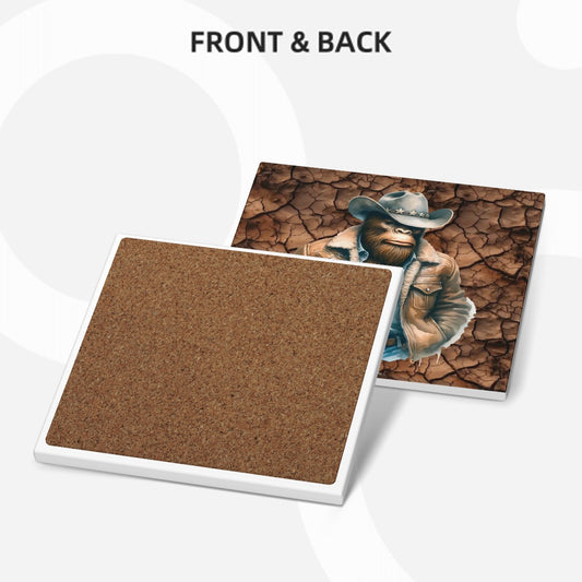 Cowboy Bigfoot / Sasquatch, 6 Ceramic Coasters w metal stand