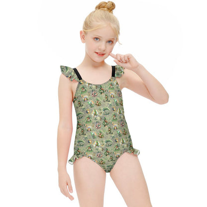 21 Bigfoot Sasquatch Designs, Girls One-Piece Summer Swimsuit, Ruffle Shoulder