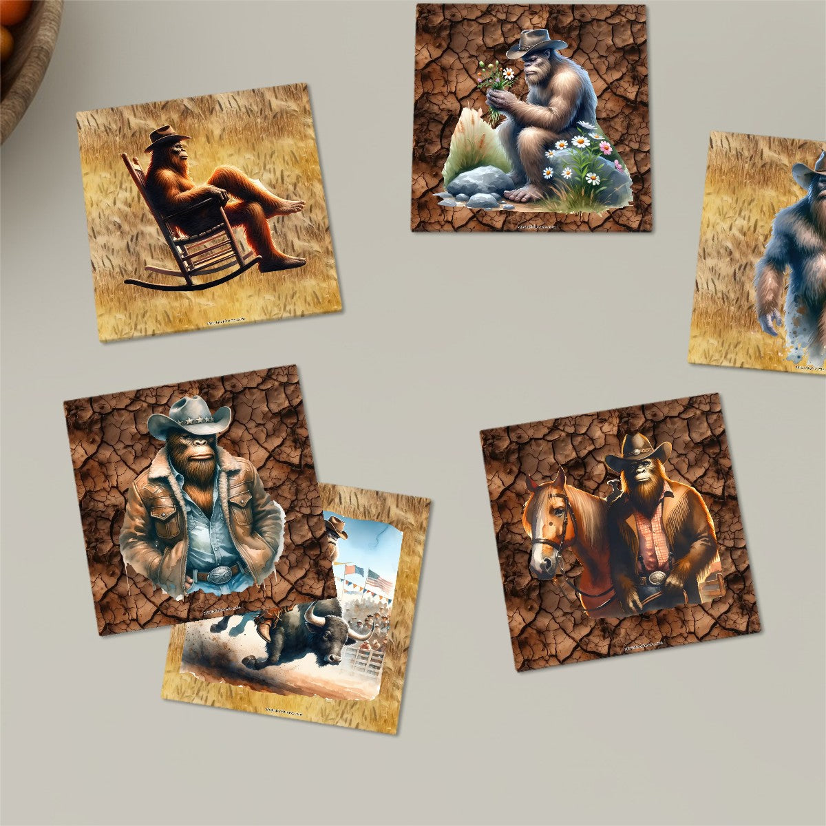 Cowboy Bigfoot / Sasquatch, 6 Ceramic Coasters w metal stand