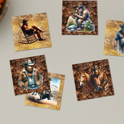 Cowboy Bigfoot / Sasquatch, 6 Ceramic Coasters w metal stand
