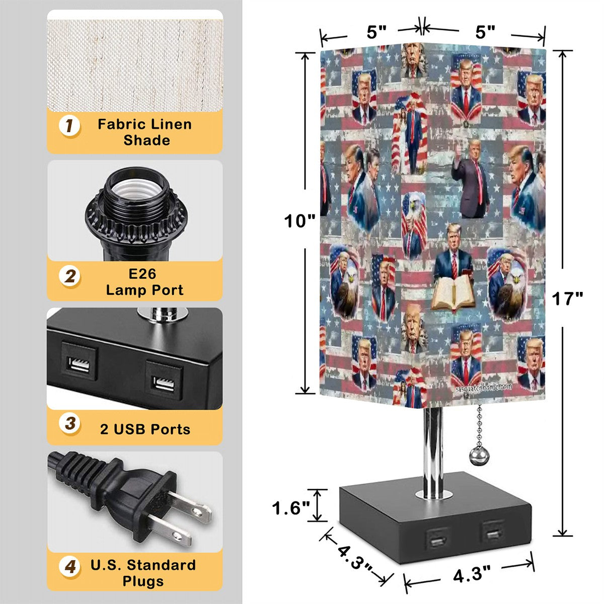 20 Donald Trump Designs, Square Table Lamp with USB Ports, Charger