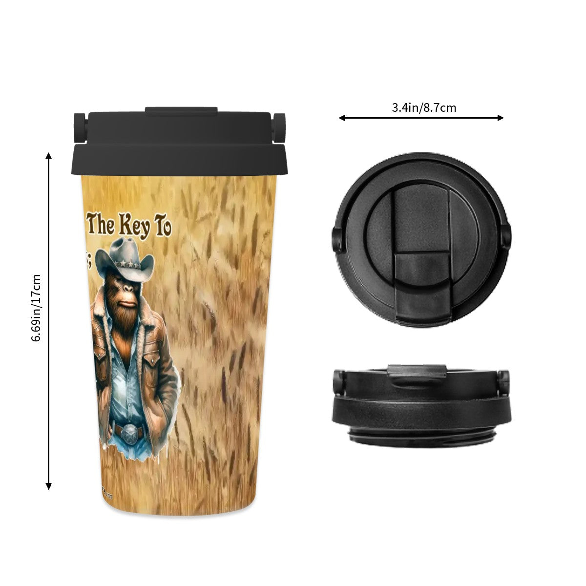 Bigfoot / Sasquatch "Key to happiness..", 17 oz Insulated Coffee Mug with Lid & Carrying Handle