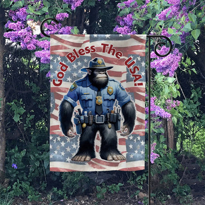 Police Officer Bigfoot Sasquatch Garden Flag 12"x18" (Made in USA) God Bless the USA