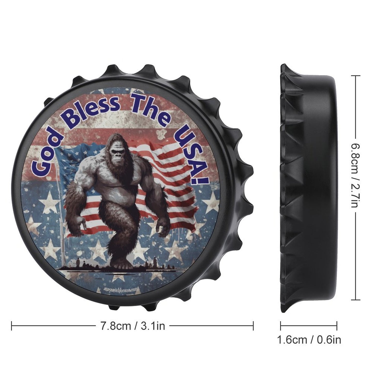 Bigfoot Sasquatch "God bless the USA", 3” Magnetic Can Opener / Coaster / Fridge Decor