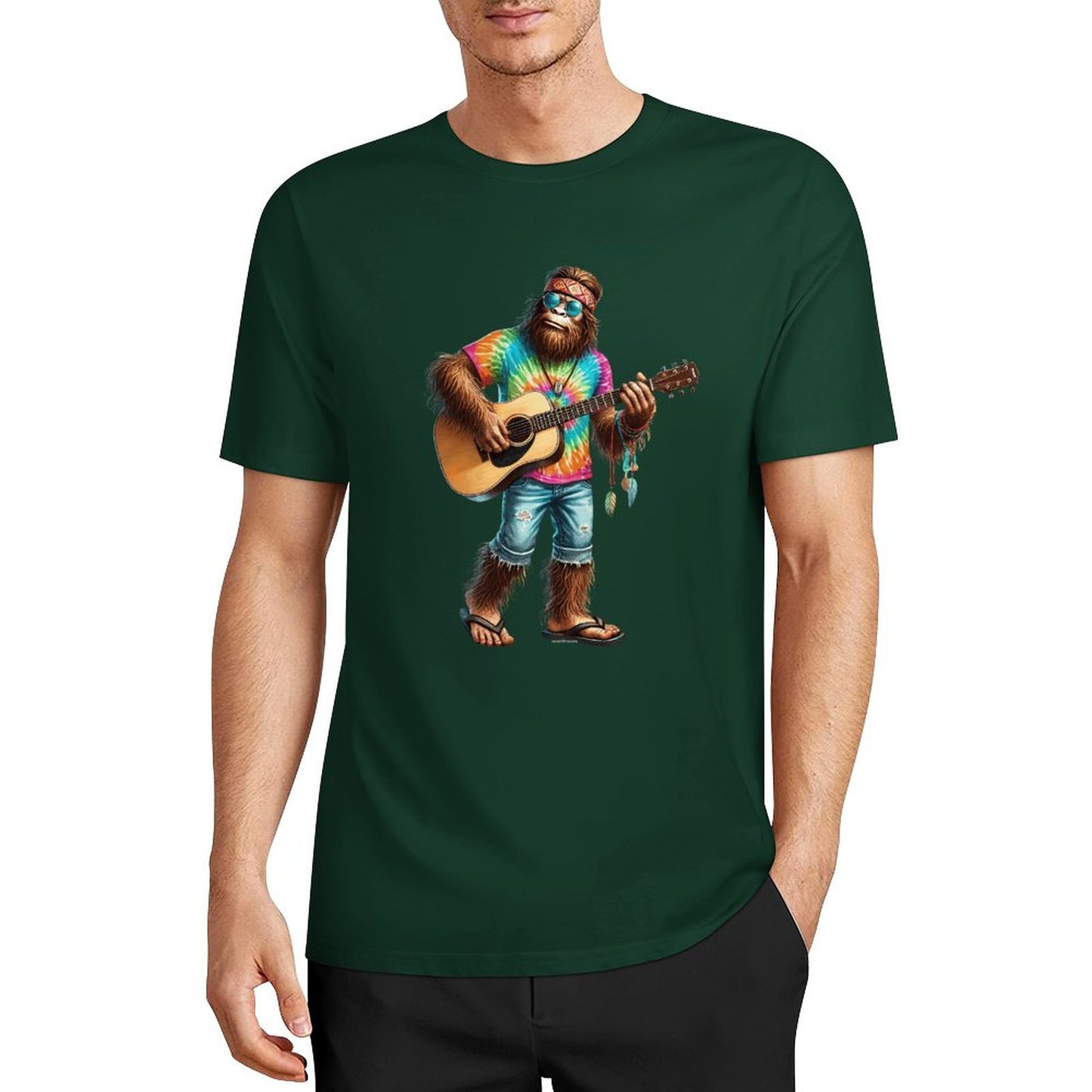 Bigfoot - Sasquatch Hippie Play Guitar Short Sleeve Cotton T-Shirt