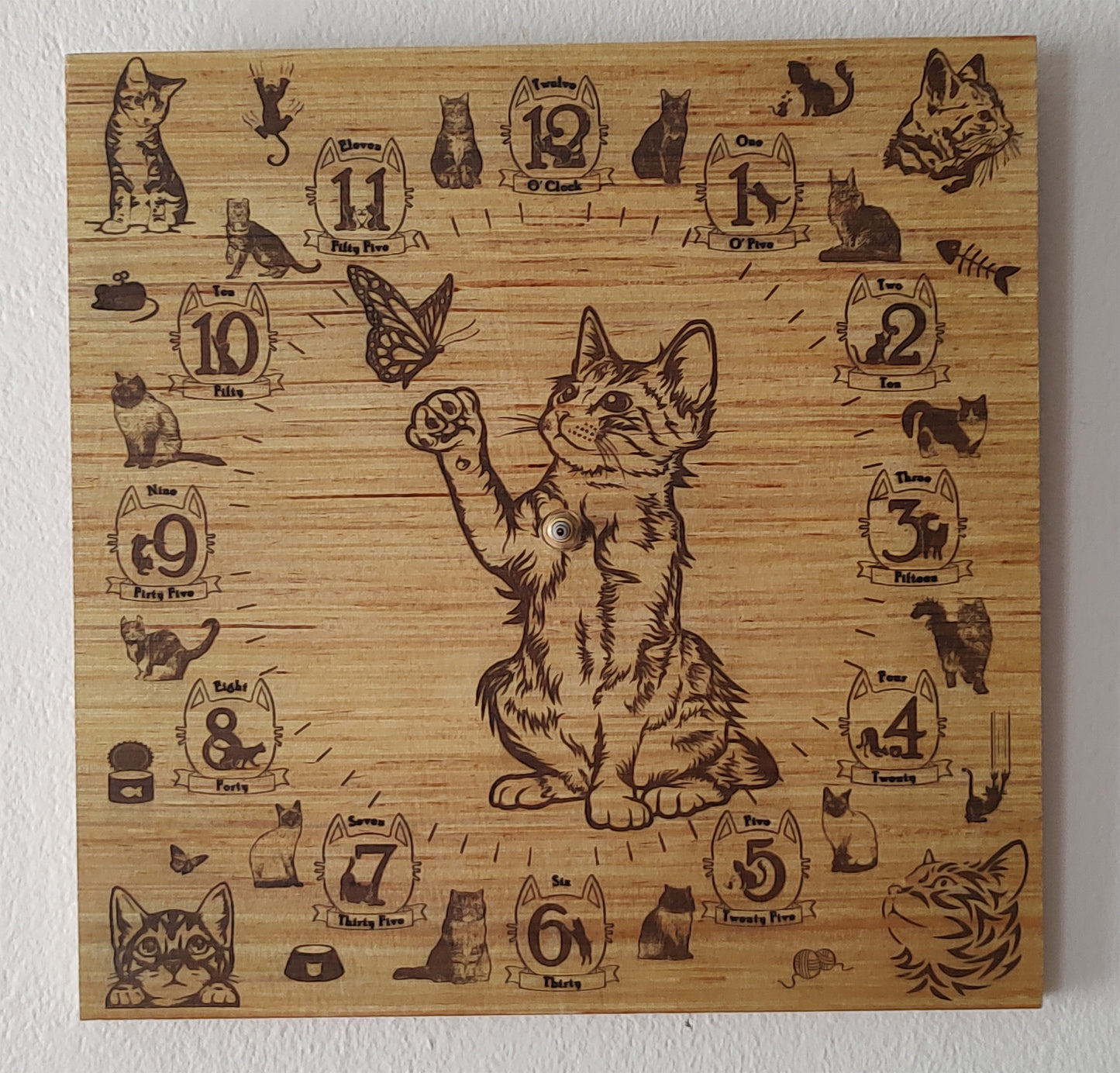 Hand Made Wood "Cat & Butterfly" , Laser Etched Mechanic Clocks 2 Sizes