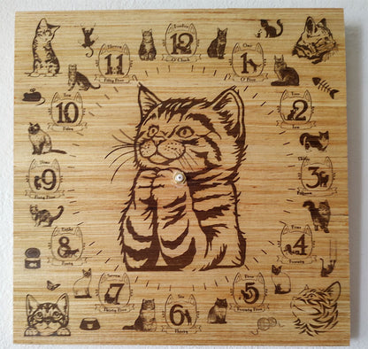 Hand Made Wood "Praying Cat" , Laser Etched Mechanic Clock, 12" x 12"